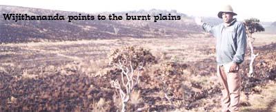 Wijithananda points to the burnt plains