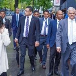 President Wickremesinghe and delegates walking from the South Korean Mission in New York to the UN building (above) and right meeting with South Korea’s President Yoon Suk Yeol.