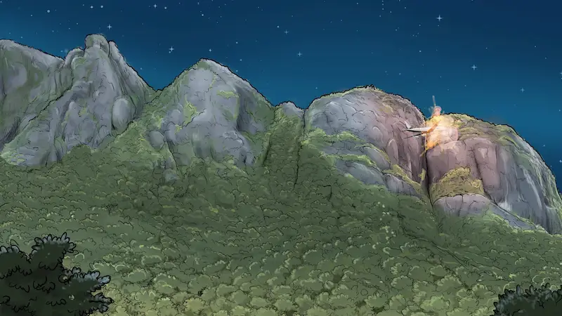 3D illustration of a plane crashing into a mountain range at night